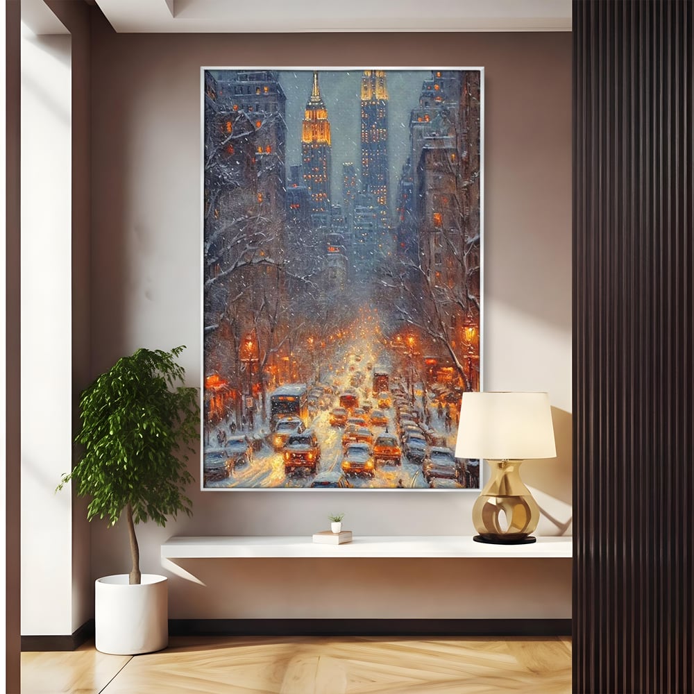 Tablou canvas cu pictura cu bulevard inzapezit si masini, in rama de aluminiu argintiu